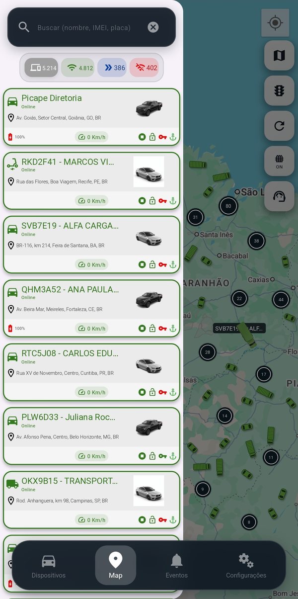 Tela do aplicativo com a lista de veículos sobre o mapa